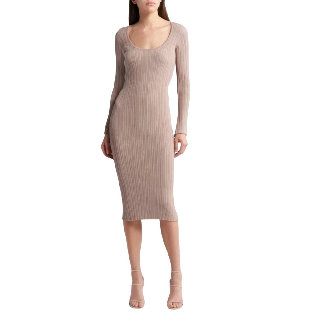 WAYF Alexi Ribbed Knit Midi Dress Long Sleeve Scoop Neck Tie Back Nude XL NWT